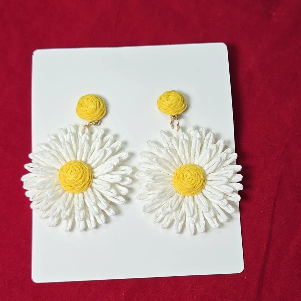 White Raffia Daisy Flower Earrings Boho Coastal Statement Spring Summer Jewelry
